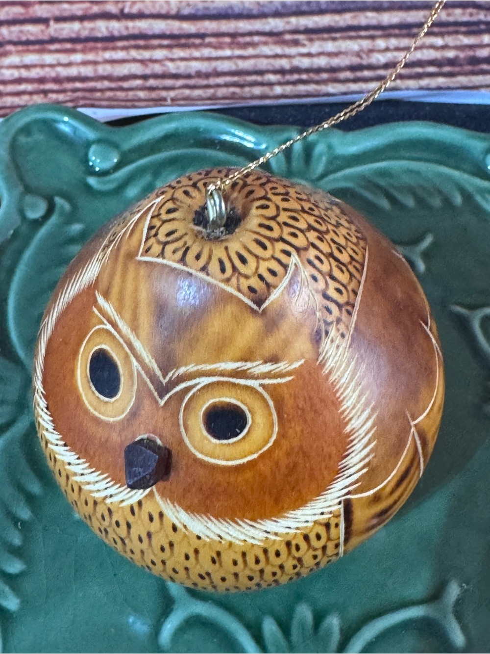 Handcrafted engraved Brown Owl Ornament – Decorative made out of a gourd.